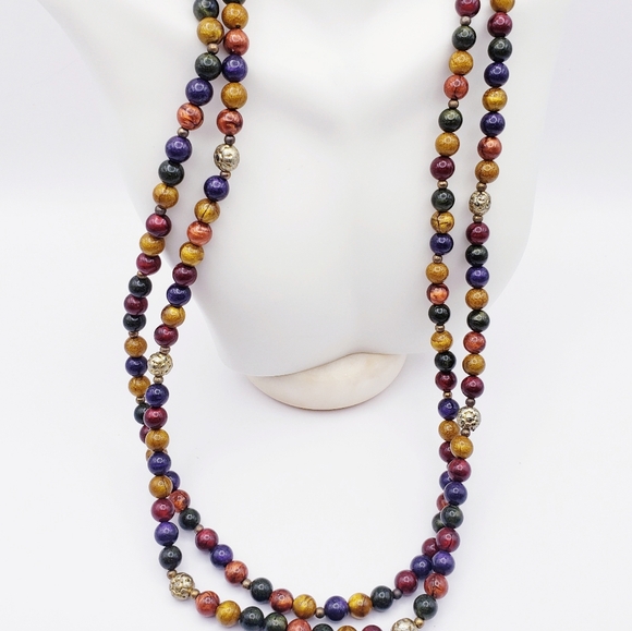 Double Strand Multi Color Beaded Necklace with Silver Floral Bead Accents - Picture 5 of 8